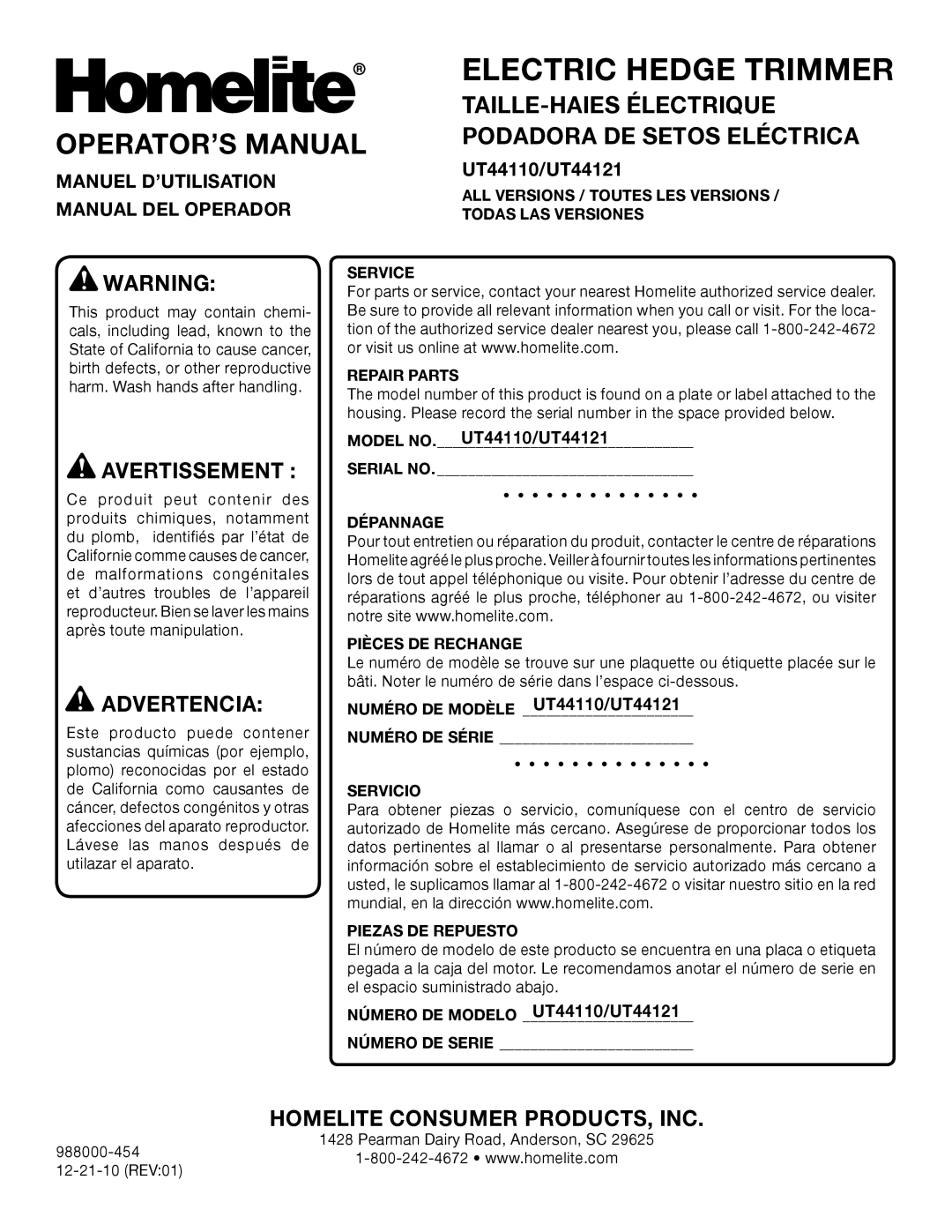 Homelite UT44121 Operator’S Manual, Avertissement , Advertencia, Homelite Consumer Products, Inc, Manuel D’Utilisation 